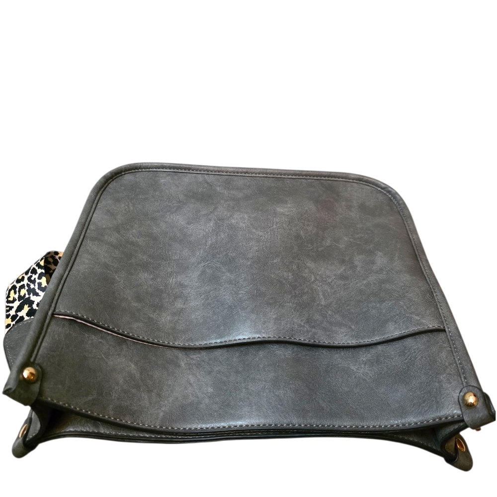 Charcoal Gray Faux Leather Crossbody Bag w/ Leopard & Tan Strap | Gold Hardware - Picture 5 of 12